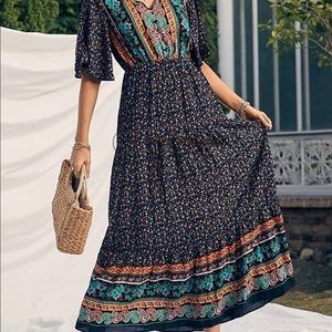 Floral Print V Neck Short Sleeve Summer Boho High Waist Long Maxi Dress. Size L